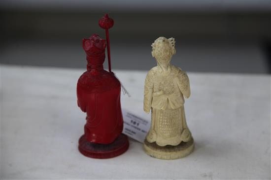A 19th century Macau carved and stained ivory chess set, king 4.75in.